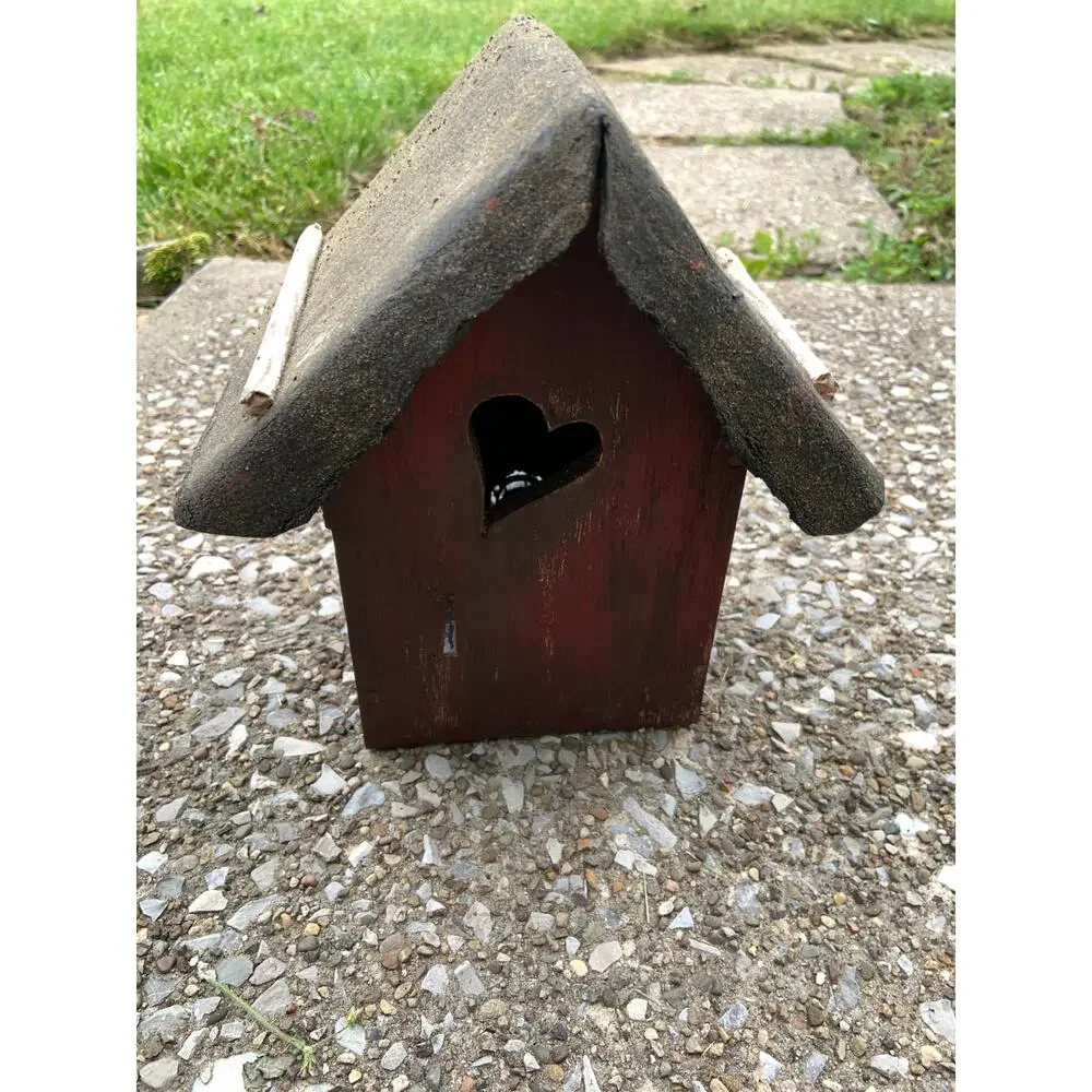 Handmade Folk Art Birdhouse Old Shingle Roof w/ Heart Entrance Light